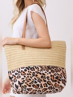 NWT Leopard Print Straw Tote Bag